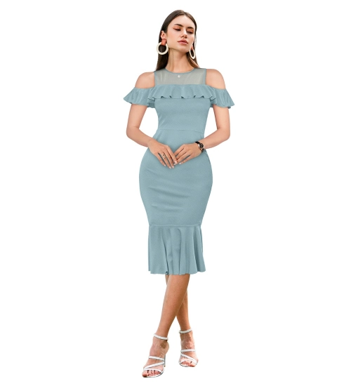 Women's Knitting stretchable Solid Round Neck Sleeveless Dress (Pista )