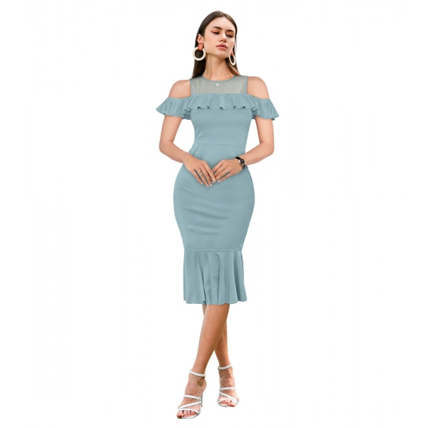 Dropship Women's Knitting stretchable Solid Round Neck Sleeveless Dress (Pista )