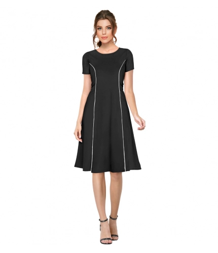 Women's Knitting strachable Solid Round Neck Cap Sleeve Dresses (Black)