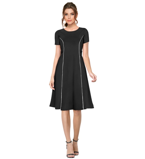 Women's Knitting stretchable Solid Round Neck Cap Sleeve Dress (Black)