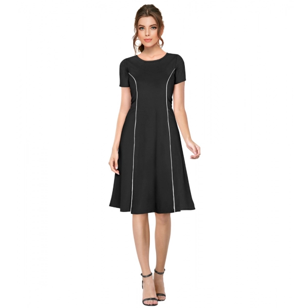 Dropship Women's Knitting stretchable Solid Round Neck Cap Sleeve Dress (Black)