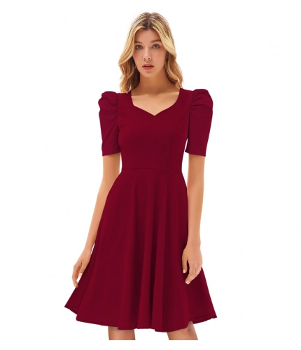 Women's Knitting strachable Solid V Neck Cap Sleeve Dresses (Maroon)