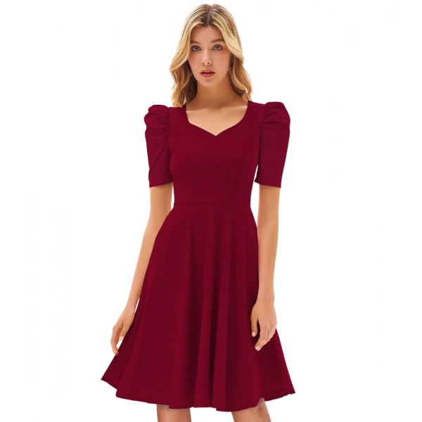 Dropship Women's Knitting stretchable Solid V Neck Cap Sleeve Dress (Maroon)
