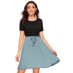 Women's Knitting stretchable Solid Round Neck Cap Sleeve Dress (Pista)