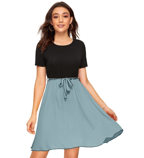 Women's Knitting stretchable Solid Round Neck Cap Sleeve Dress (Pista)