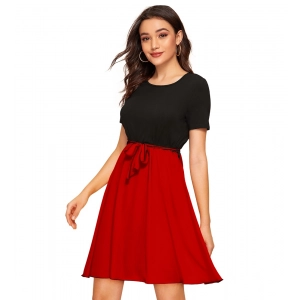 Generic Women's Knitting stretchable Solid Round Neck Cap Sleeve Dress (Red)