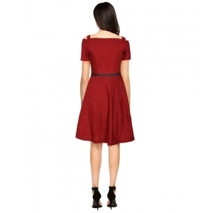 Generic Women's Polyester Solid V Neck Cap Sleeve Dress (Maroon)