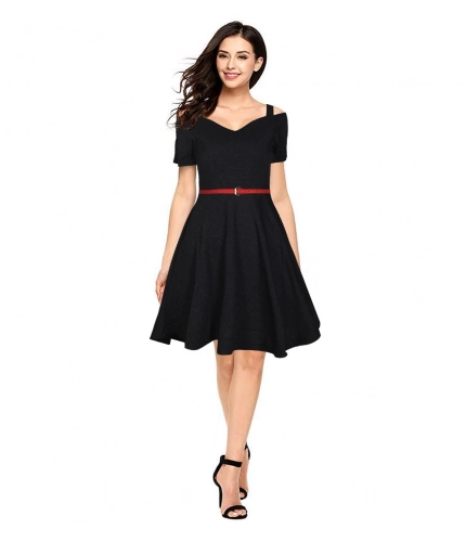 Women's Polyster Solid V Neck Cap Sleeve Dresses (Black)