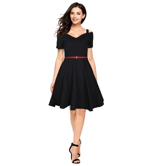 Women's Polyester Solid V Neck Cap Sleeve Dress (Black)