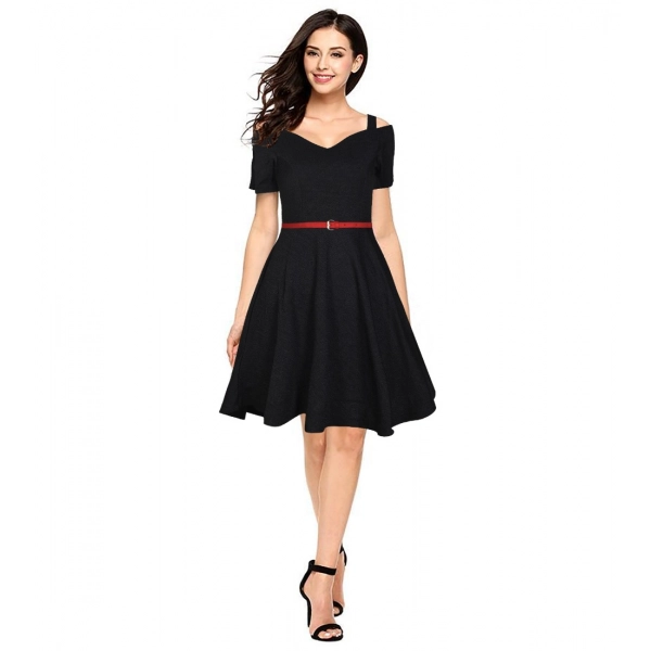 Dropship Women's Polyester Solid V Neck Cap Sleeve Dress (Black)