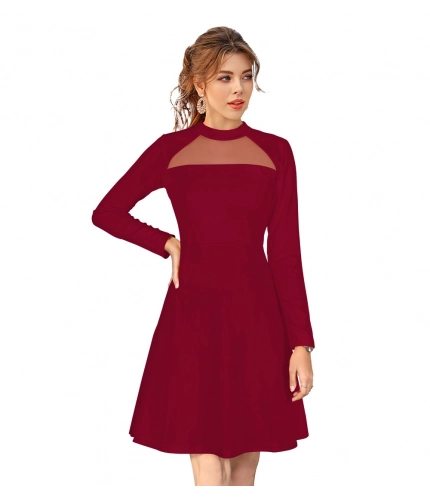 Women's Knitting strachable Solid Round Neck Full Sleeve Dresses (Maroon)