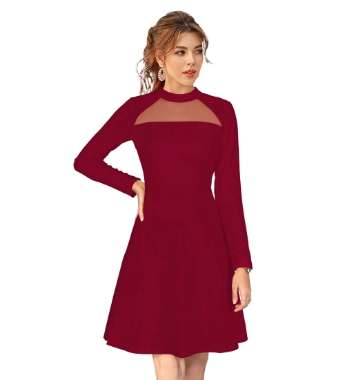 Women's Knitting stretchable Solid Round Neck Full Sleeve Dress (Maroon)
