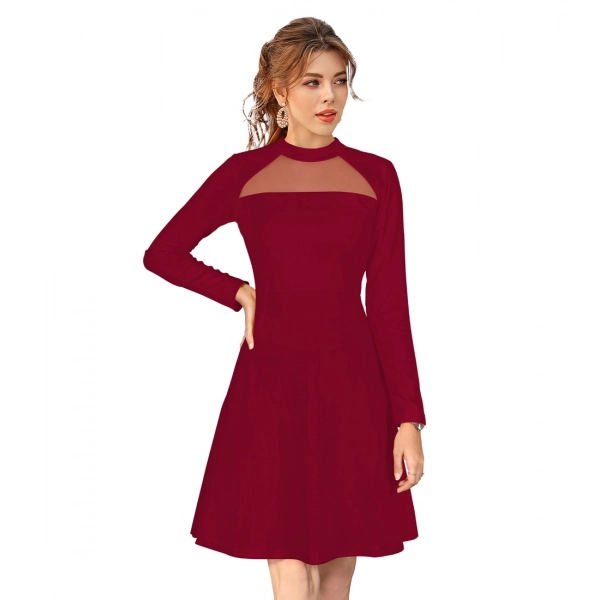 Dropship Women's Knitting stretchable Solid Round Neck Full Sleeve Dress (Maroon)