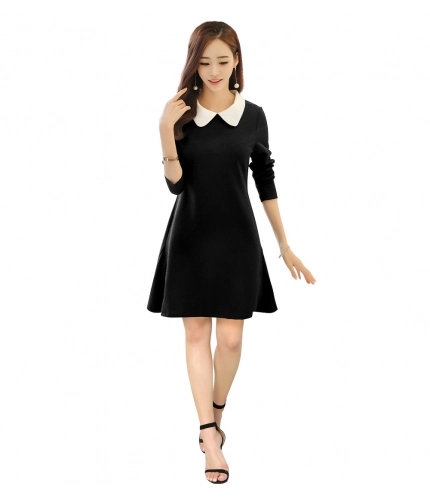Women's Polyster Solid Collar 3-4th Dresses (Black)