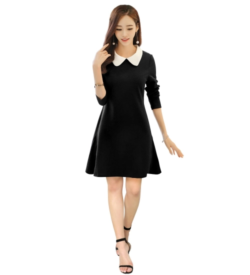Women's Polyester Solid Collar 3-4th Dress (Black)