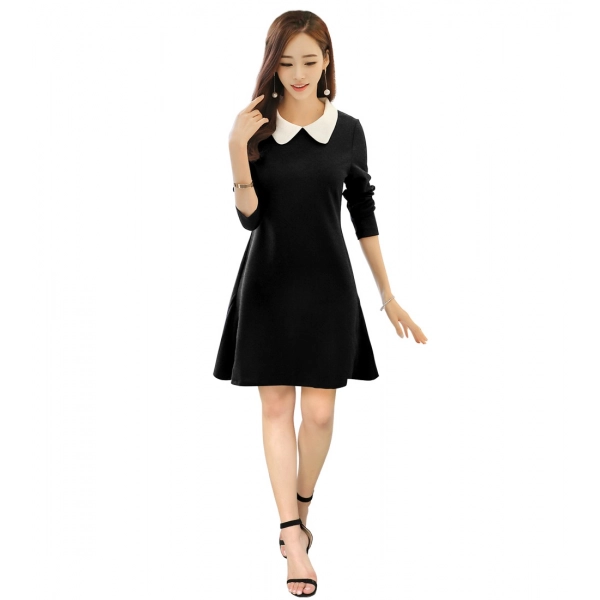 Dropship Women's Polyester Solid Collar 3-4th Dress (Black)