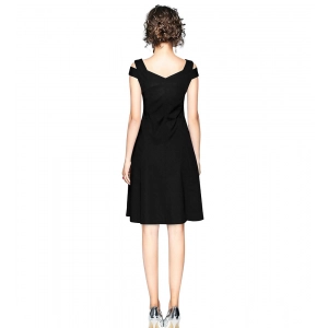 Generic Women's Polyester Solid V Neck Cap Sleeve off Shoulder Dress (Black)