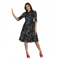 Women's Ruby Cotton Printed Shirt Collar 3-4th Sleeve Dress (Black)