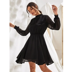 Women's Fox Georgette Solid High Neck Full Sleeve Dress (Black)