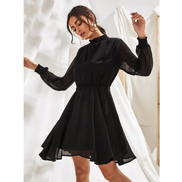 Dropship Women's Fox Georgette Solid High Neck Full Sleeve Dress (Black)
