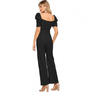 Generic Women's Polyester Solid Sweet Heart Short Sleeve Jumpsuit (Black)