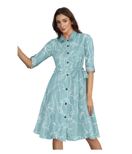 Women's Ruby Cotton Printed Shirt Collar 3-4th Sleeve Dresses (Pista)