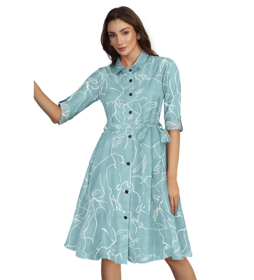 Women's Ruby Cotton Printed Shirt Collar 3-4th Sleeve Dress (Pista)