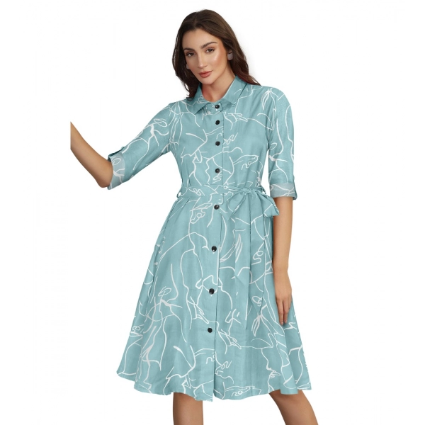 Dropship Women's Ruby Cotton Printed Shirt Collar 3-4th Sleeve Dress (Pista)