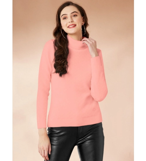 Women's Polyester Solid High Neck Full Sleeve T-Shirt (Peach)