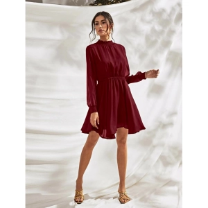 Generic Women's Fox Georgette Solid High Neck Full Sleeve Dress (Maroon)