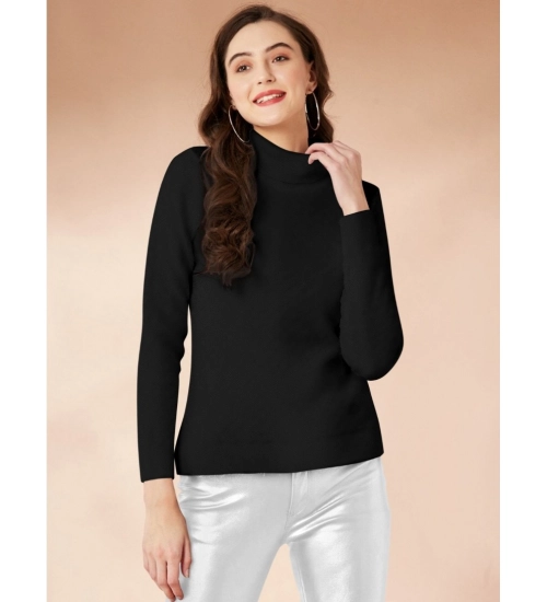 Women's Polyester Solid High Neck Full Sleeve T-Shirt (Black)