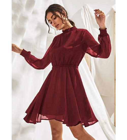 Women's Fox Georgette Solid High Neck Full Sleeve Dress (Maroon)
