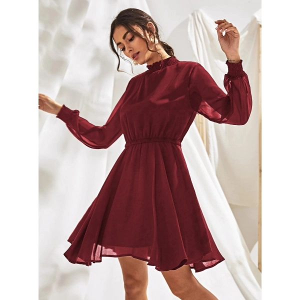 Dropship Women's Fox Georgette Solid High Neck Full Sleeve Dress (Maroon)
