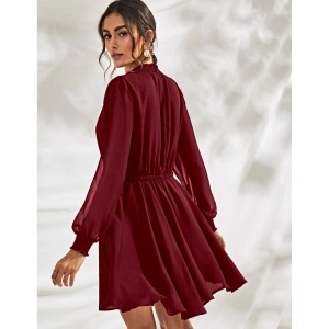 Generic Women's Fox Georgette Solid High Neck Full Sleeve Dress (Maroon)