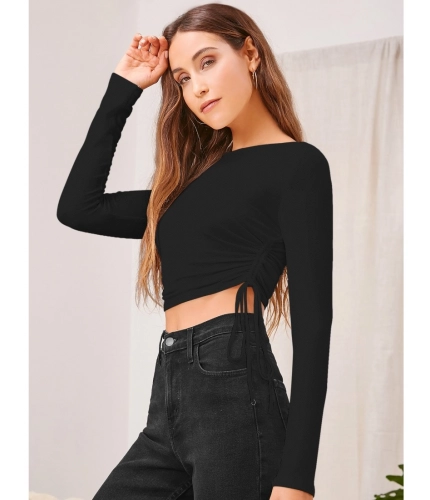 Women's Polyester Solid Round Neck Full Sleeve Top (Black)