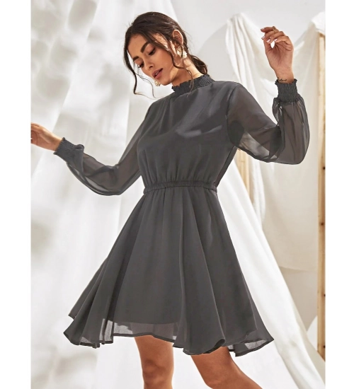 Women's Fox Georgette Solid High Neck Full Sleeve Dress (Grey)