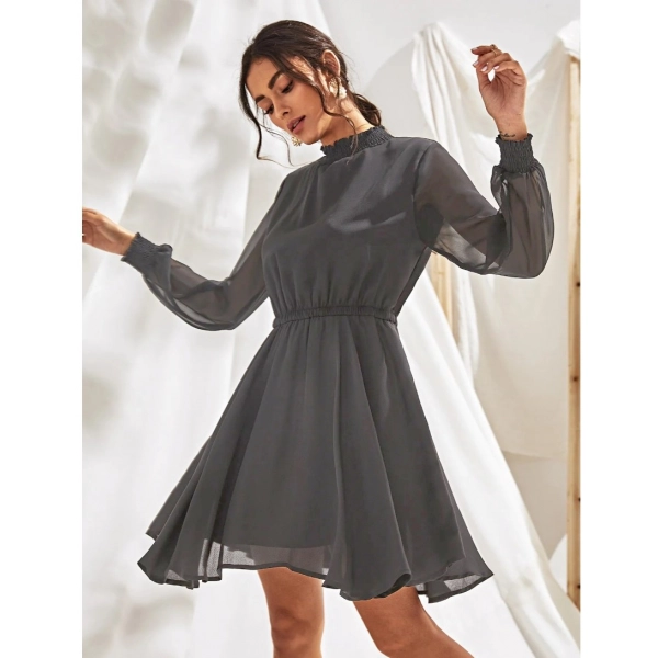 Dropship Women's Fox Georgette Solid High Neck Full Sleeve Dress (Grey)