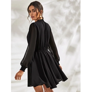 Generic Women's Fox Georgette Solid High Neck Full Sleeve Dress (Black)