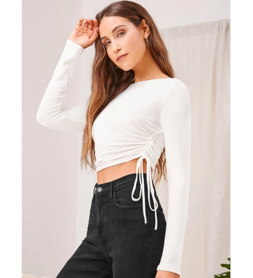 Women's Polyester Solid Round Neck Full Sleeve Top (White)