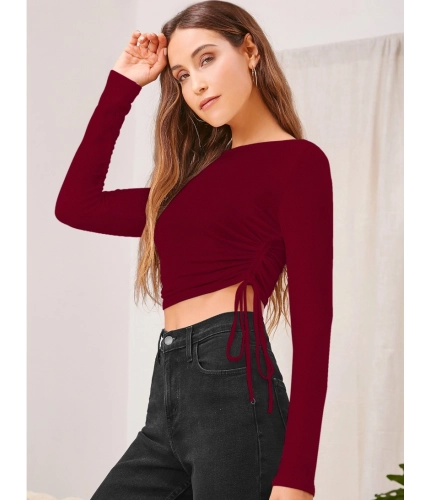 Women's Polyester Solid Round Neck Full Sleeve Top (Maroon)