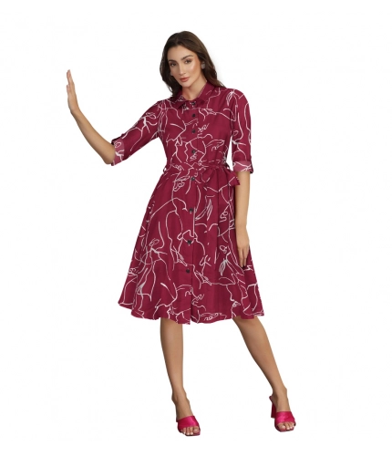 Women's Ruby Cotton Printed Shirt Collar 3-4th Sleeve Dresses (Maroon)