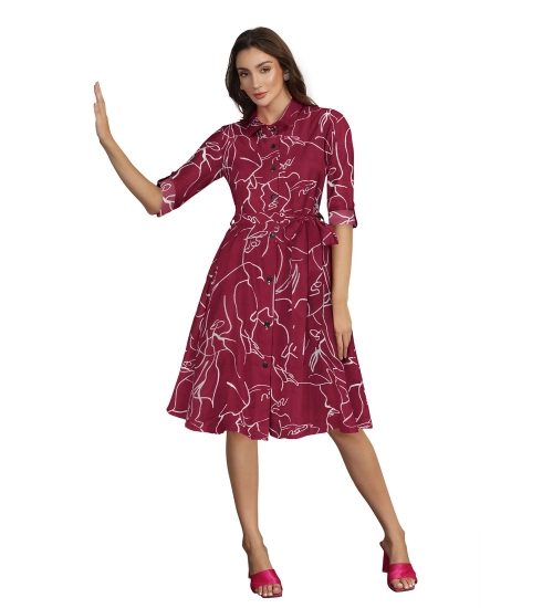 Women's Ruby Cotton Printed Shirt Collar 3-4th Sleeve Dress (Maroon)