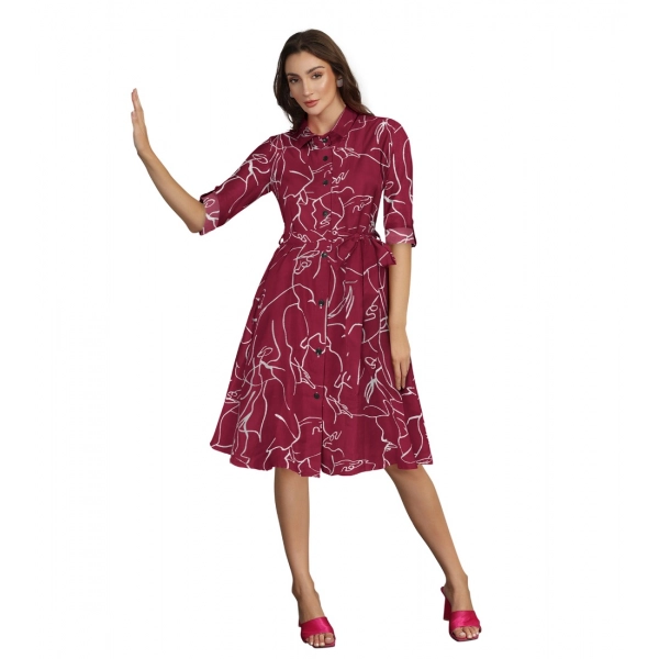 Dropship Women's Ruby Cotton Printed Shirt Collar 3-4th Sleeve Dress (Maroon)