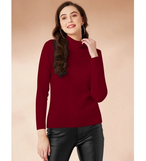 Women's Polyester Solid High Neck Full Sleeve T-Shirt (Maroon)