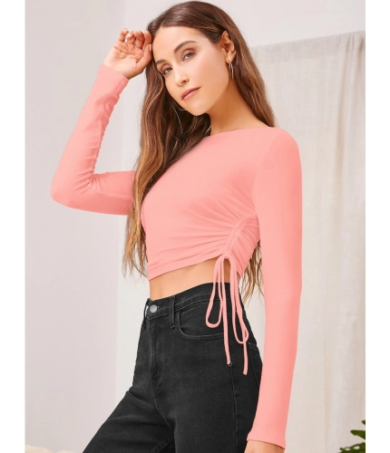 Women's Polyester Solid Round Neck Full Sleeve Top (Peach)