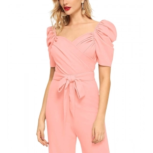 Generic Women's Polyester Solid Sweet Heart Short Sleeve Jumpsuit (Peach)