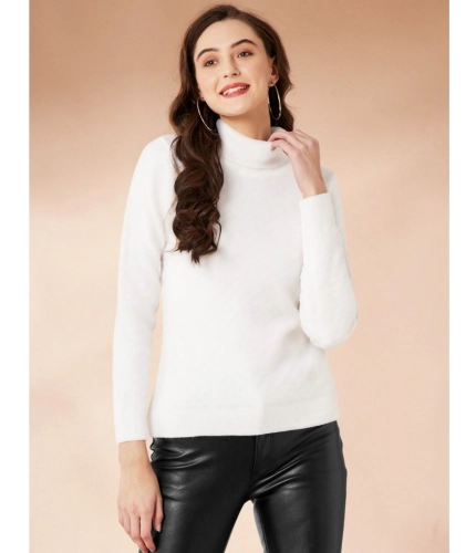 Women's Polyester Solid High Neck Full Sleeve T-Shirt (White)
