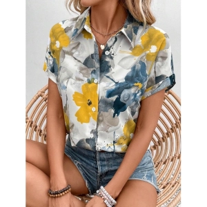 Generic Women's Casual Rayon Short Sleeve Printed Collar Neck Shirt (Multicolor)