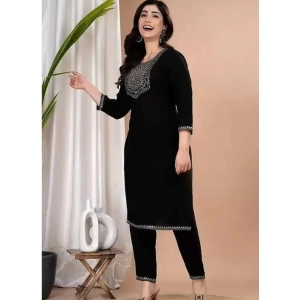 Generic Women's Cotton Embroidery 3-4th Sleeve Calf Length Kurti with Pant Set (Black)