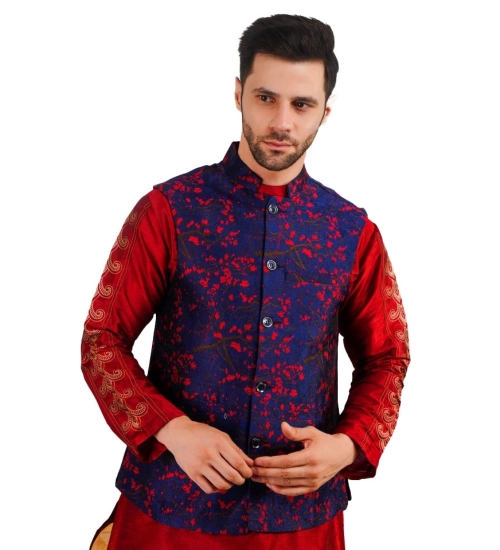 Men's Jacquard Self-Design Sleeveless Mandarin Neck Waistcoat (Blue-Red)